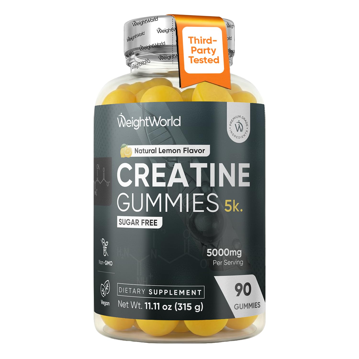 WeightWorld Sugar Free Creatine Gummies 5g (5000mg) | Pre & Post Workout Gummy | 90 Vegan Creatine Monohydrate Gummies for Men & Women (1 Month Supply) - 3 per Day | Non-GMO, Natural Lemon Flavor
