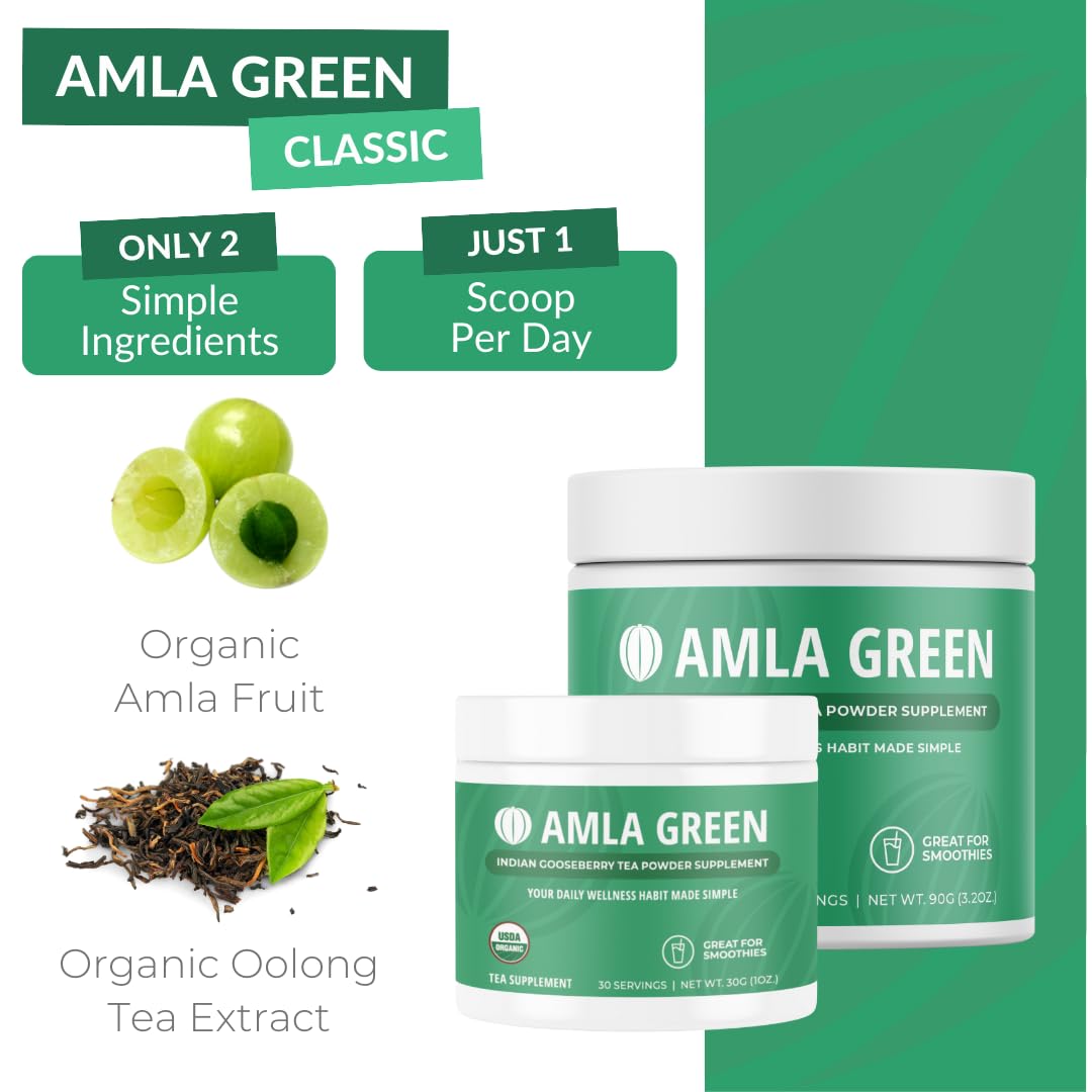 Amla Powder & Green Tea Superfood Supplement, 20x Ultra Concentrated Amla, Antioxidant Support, Made with Oolong Tea and Indian Gooseberries, Organic, Vegan, Classic Flavor, 30 Servings
