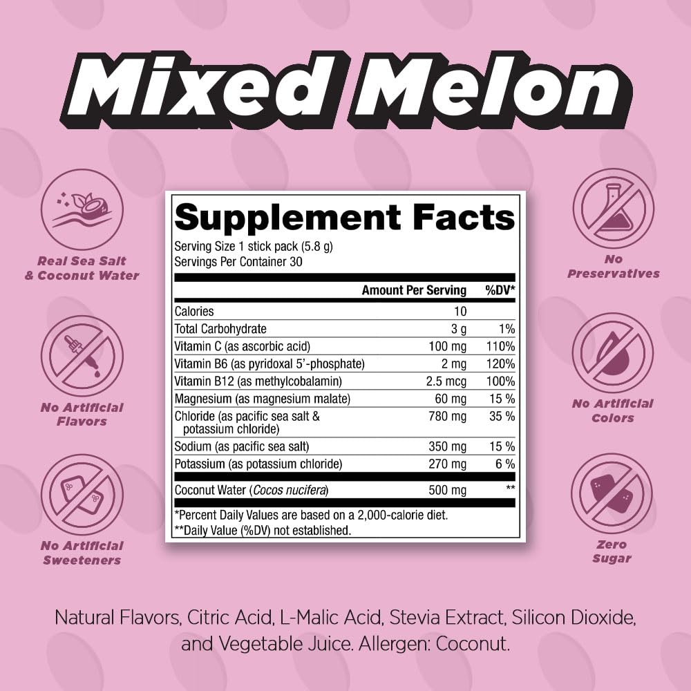 ALL DAY Vitality Pickleball Electrolyte Powder Packets | No Sugar, Non-GMO | 30 Drink Sticks (Mixed Melon)