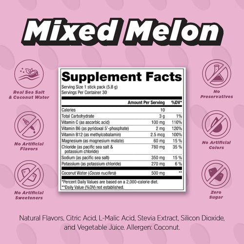 ALL DAY Vitality Pickleball Electrolyte Powder Packets | No Sugar, Non-GMO | 30 Drink Sticks (Mixed Melon)