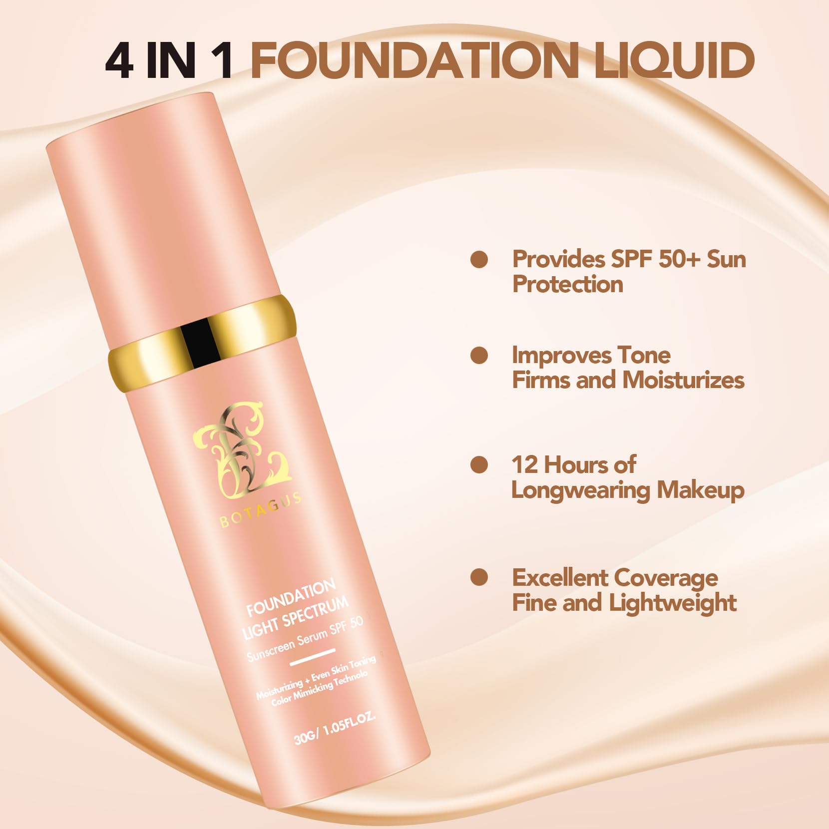 Botagus Match Cosmetics Foundation 4 in 1-Medium Spectrum,4 in 1 Cosmetics Foundation Liquid with SPF 50+, Concealer Cosmetic Lightweight Makeup, Longwearing & Waterproof for Makeup