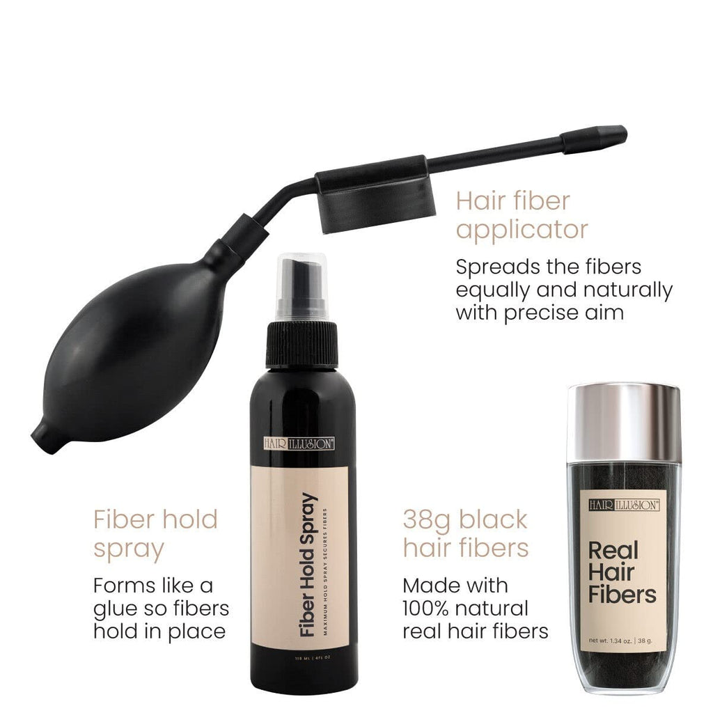 Hair Illusion Combo Kit - Hold Spray, 38g Hair Fiber Bottle, Applicator & Hairline Optimizer (Brown)
