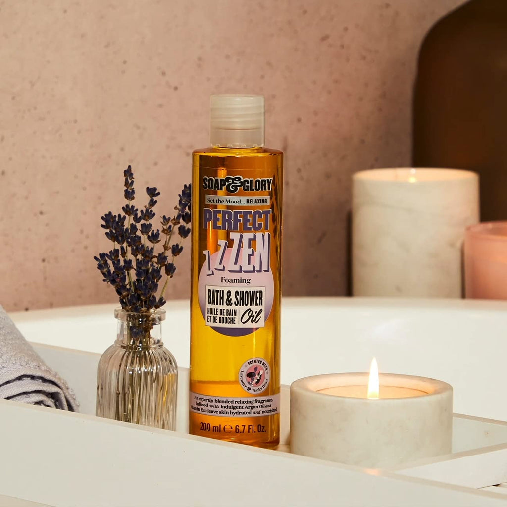 Soap & Glory Perfect Zen Nourishing Bath & Shower Oil - Lavender Oil & Tonka Bean Scented Body Care - Vitamin E & Argan Oil Body Moisturizer - Foaming Bath Oil (200ml)