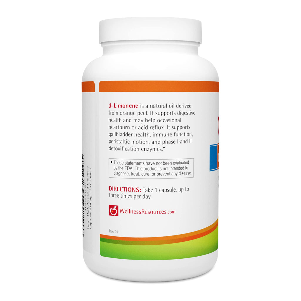 Wellness Resources High Potency d-Limonene Capsules 1000mg, 120 Capsules - Orange Peel Extract for Digestive Health, Heartburn, Acid Reflux, Detoxification