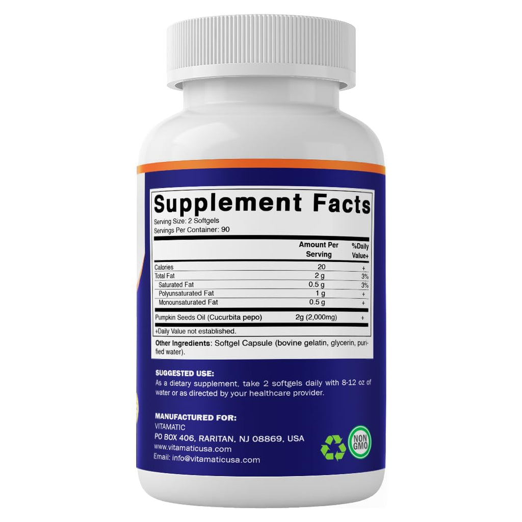 Vitamatic Pumpkin Seed Oil 2000 mg per Serving, 180 Softgels (3 Pack)