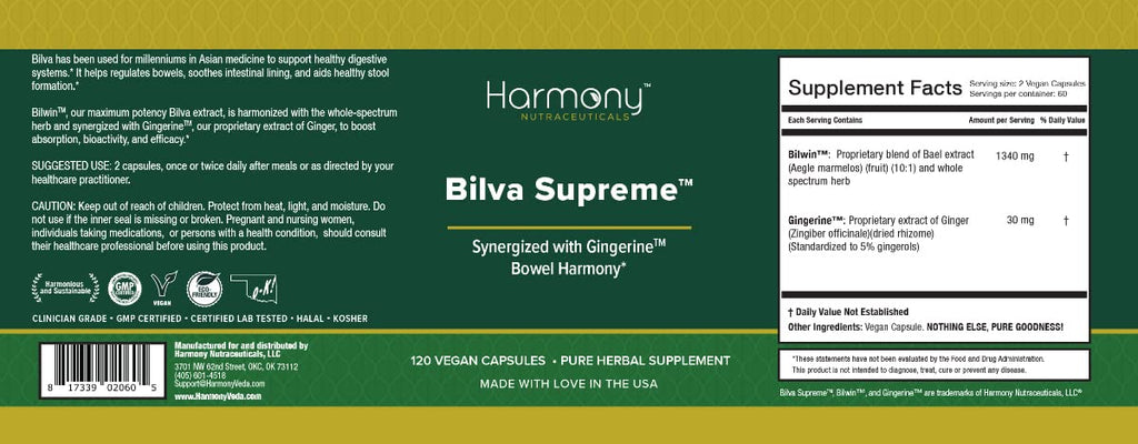 Harmony Nutraceuticals Bilva Supreme - Synergized with Gingerine Ayurvedic Medicine to Support Healthy Digestive System - 120 Vegan Capsules