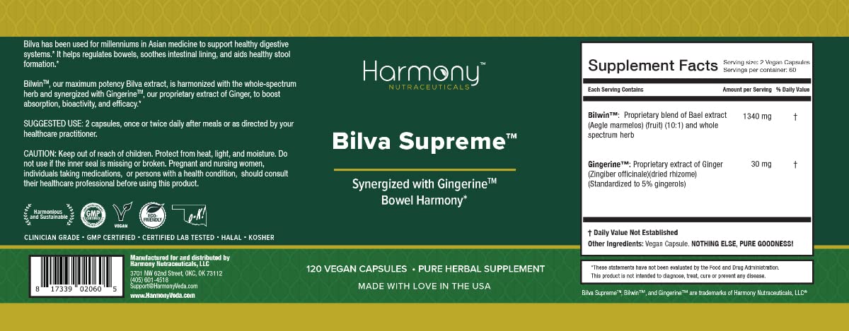 Harmony Nutraceuticals Bilva Supreme - Synergized with Gingerine Ayurvedic Medicine to Support Healthy Digestive System - 120 Vegan Capsules