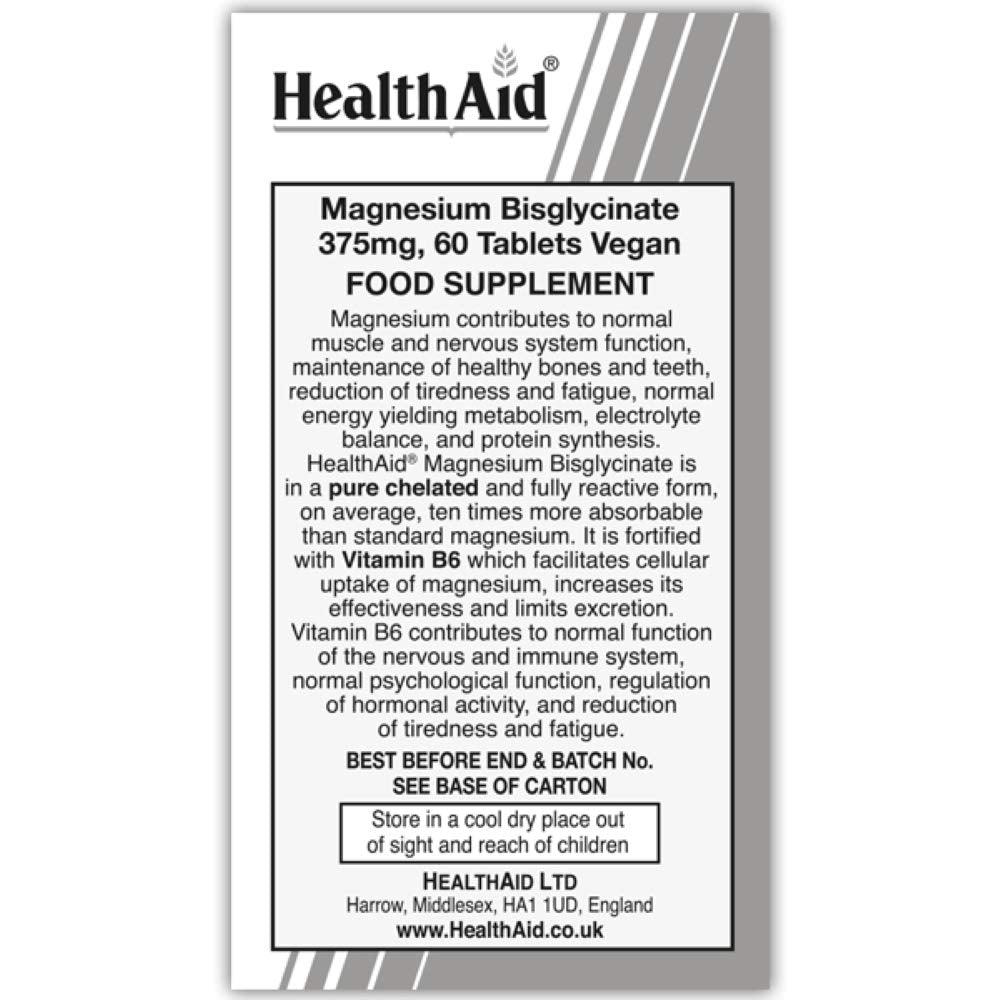 HealthAid Magnesium Bisglycinate - 750mg Chelated Magnesium and 150mg of Elemental - Muscle and Sleep Support - Gentle on Stomach - 60 VeganTablets