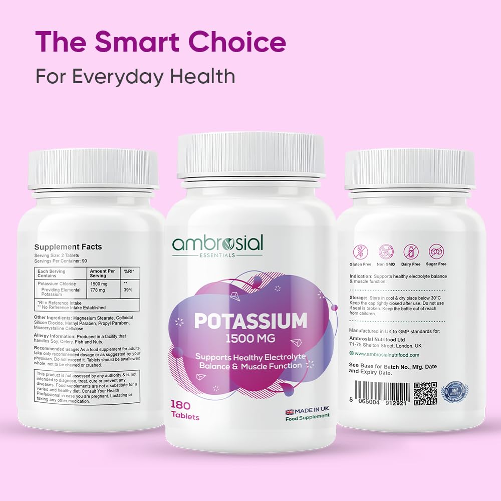 Ambrosial Potassium Chloride 1500 mg – High Strength Potassium Supplement – 778 mg Elemental Potassium – Daily Mineral Support for Muscle, Nerve & Balance – UK Made, GMP Certified – 180 Tablets