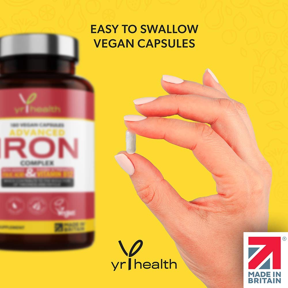 Iron Supplement 20mg - 6 Month Supply Vegan Capsules with B12 & Folic Acid