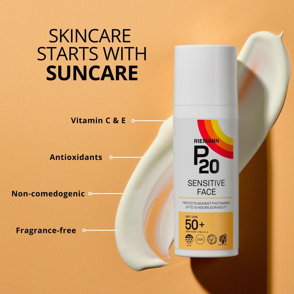 RIEMANN P20 Sensitive FACE SPF50+ UV Protection Cream, 50 Grams | Non Greasy Highly Effective Protects Face from UV Radiation |Sun Protection Factor 50+ | Wear under Make Up