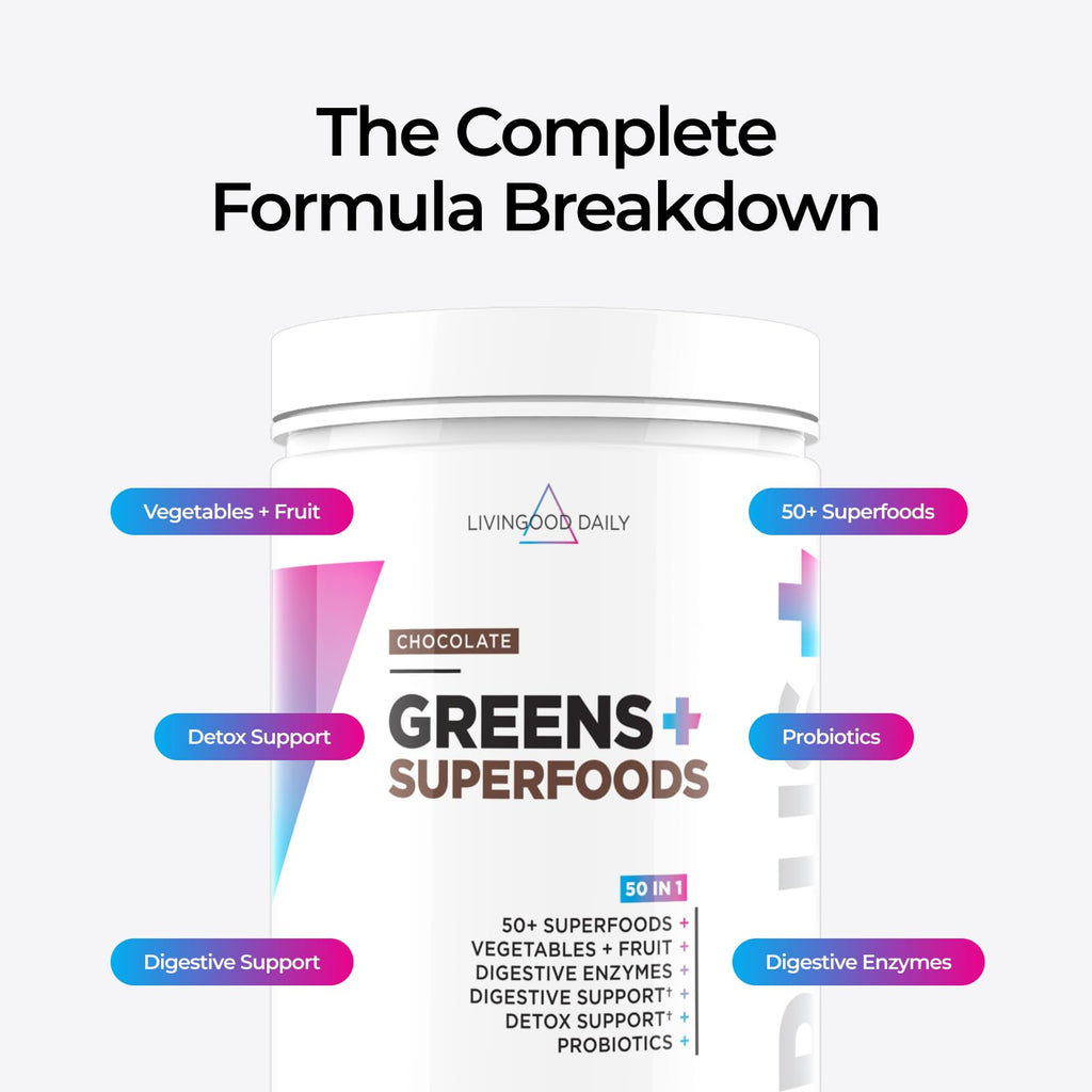 Livingood Daily Mixed Greens Powder, Chocolate, 30 Servings 8.78 Oz - 50in1 Green Juice Powder with Spirulina, Chlorella, Digestive Enzymes, Probiotics for Digestive Support, Gut Health - Made in USA
