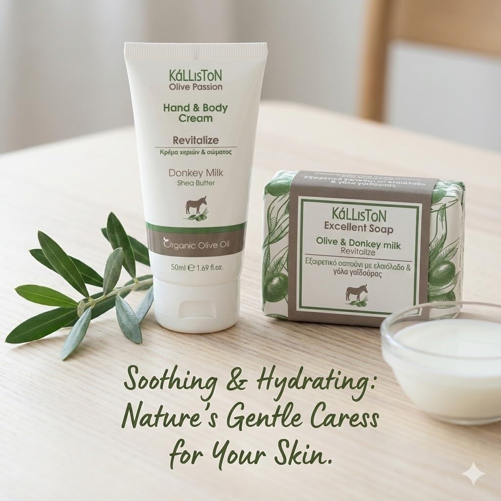 Kalliston Donkey Milk Cream & Olive Oil Soap Gift Set – Nourishing Body Lotion & Gentle Cleanser, Pack of 2, Made in Greece