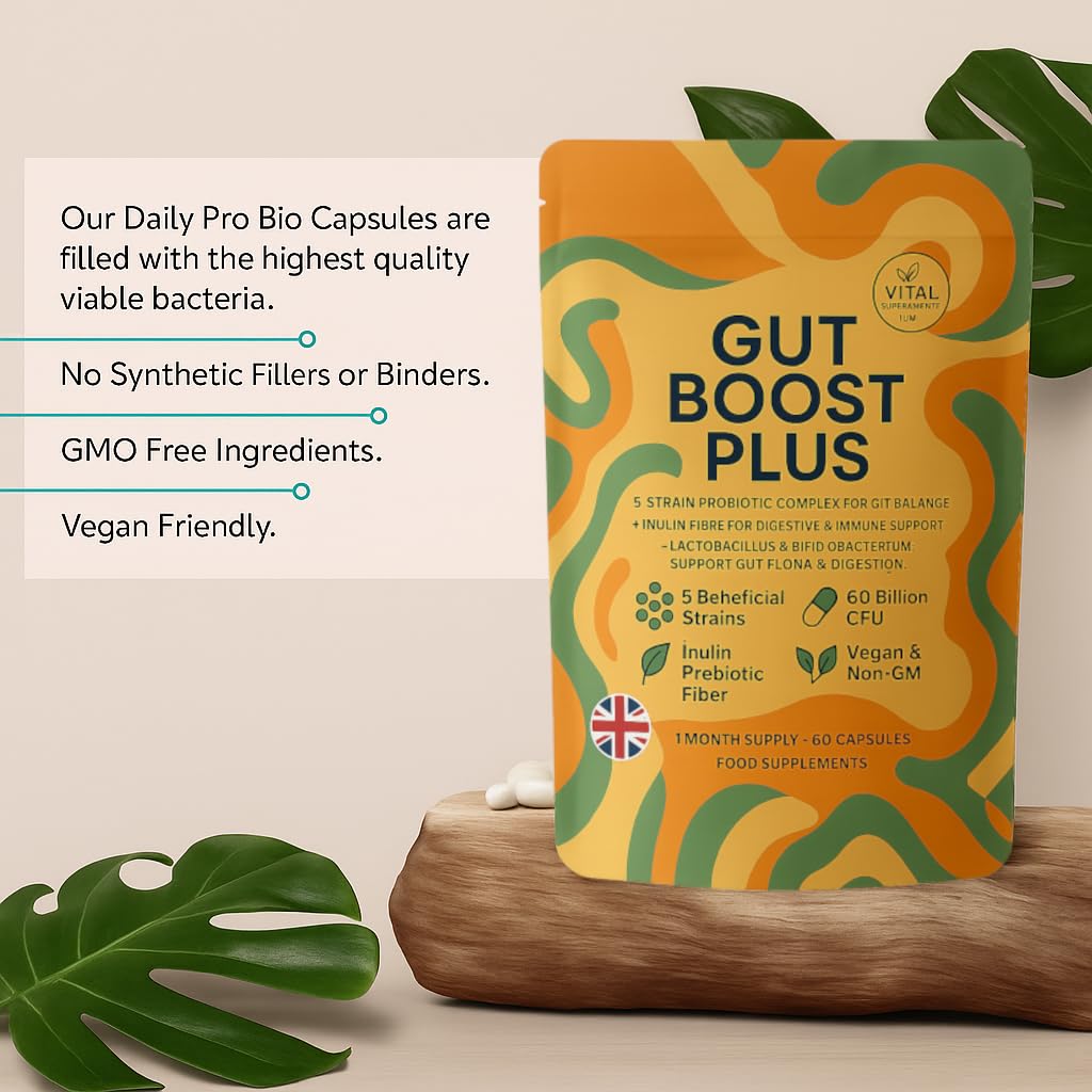 Gut Boost Plus – 5-Strain Probiotic & Inulin Prebiotic | 60 Billion CFU | Digestive Balance, Gut Flora & Immune Support | Slow-Release Vegan Capsules | UK Manufactured Supplement, 60 Capsules