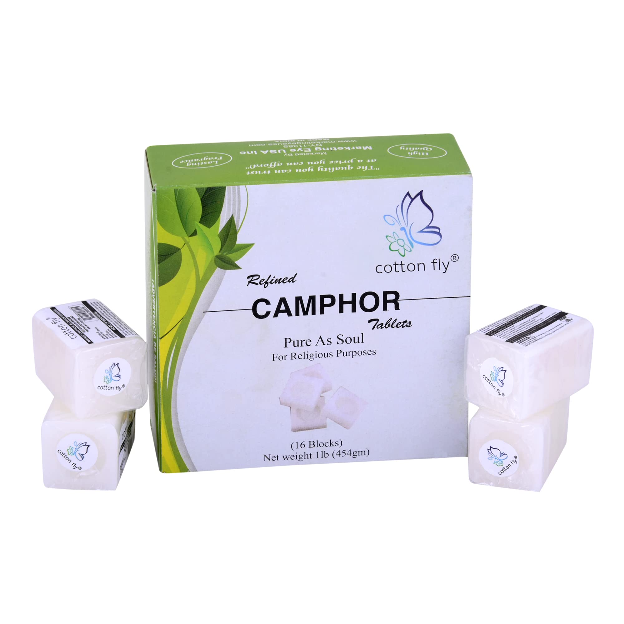 Cotton Fly Refined Camphor Blocks 16 Blocks (64 Tablets) – 1 lb for Puja & Havan