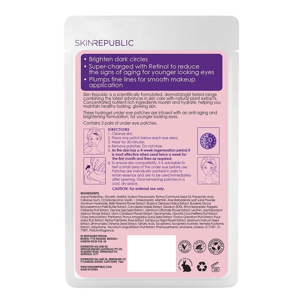 Skin Republic Retinol Under Eye Mask Clinically Proven to Reduce Crow’s Feet and Deep Wrinkles. Made in Korea. 3 pairs of under eye masks.