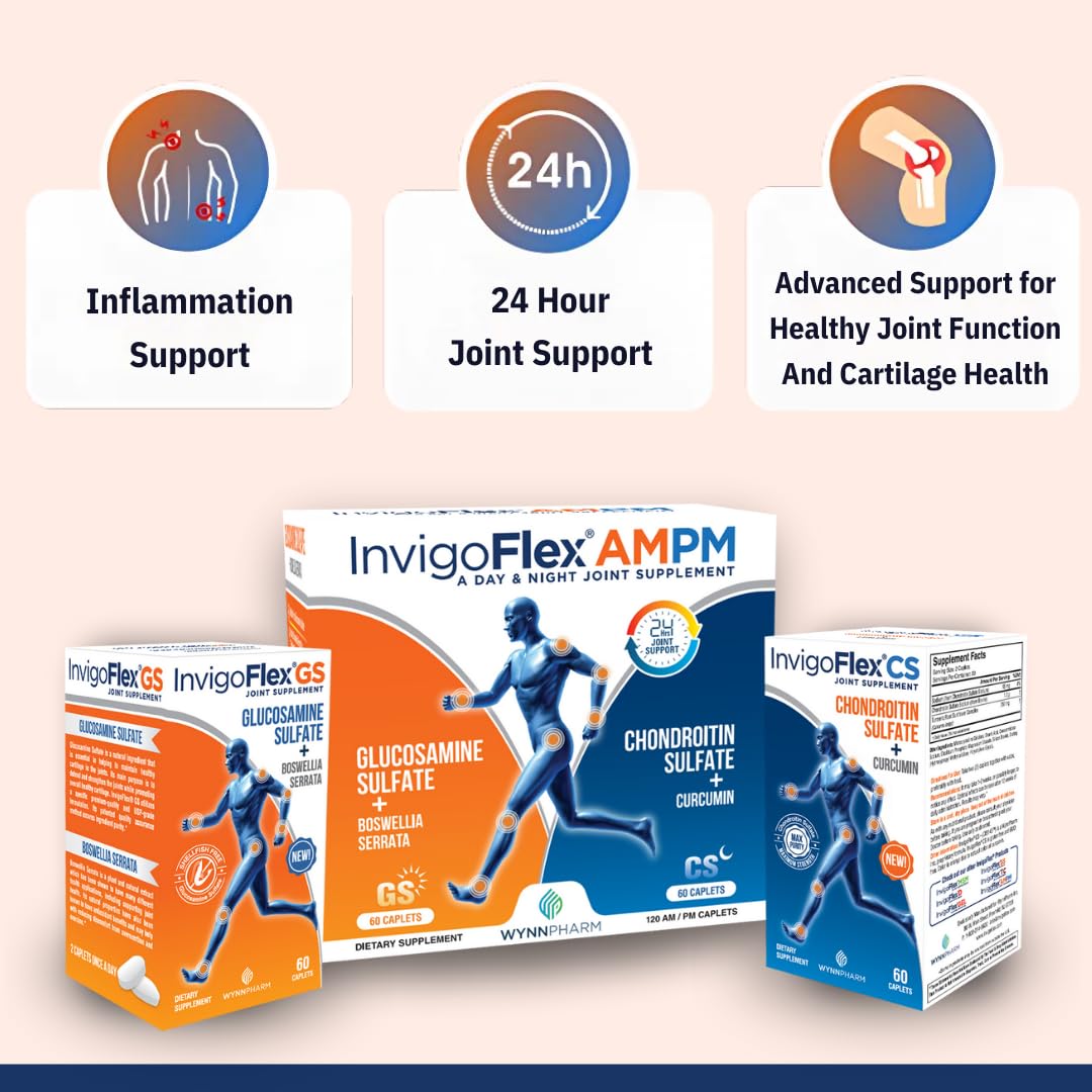 INVIGOFLEX® AMPM - Glucosamine & Chondroitin Sulfate - Turmeric Curcumin - Boswellia Serrata (Non GMO) for Knees, Hands, Back and Hip 24 - Hour Premium Joint Supplement