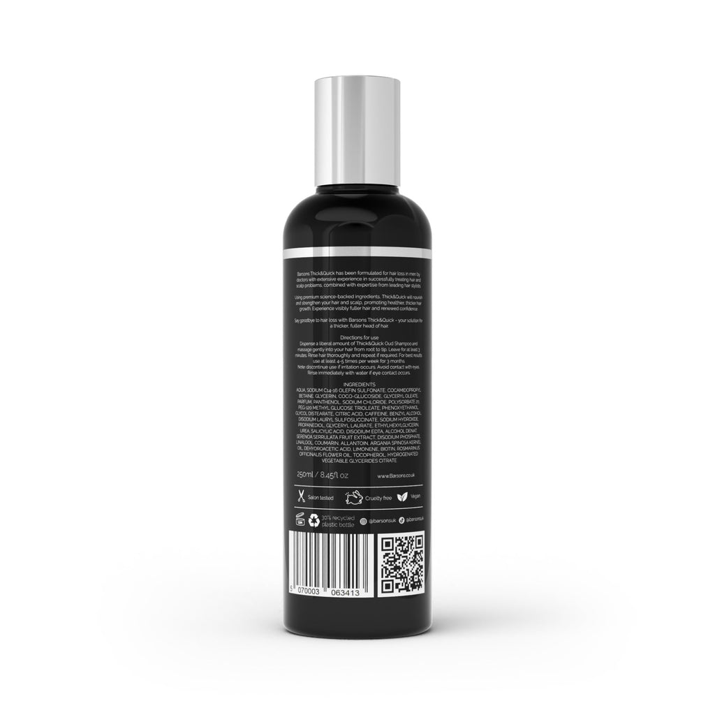 BARSONS THICK&QUICK Oud Shampoo for Men with Thinning Hair – Doctor-Formulated Hair Thickening Treatment – DHT Blocker – Hair Transplant Friendly – Rosemary, Biotin, Argan Oil, Caffeine – Sulfate-Free
