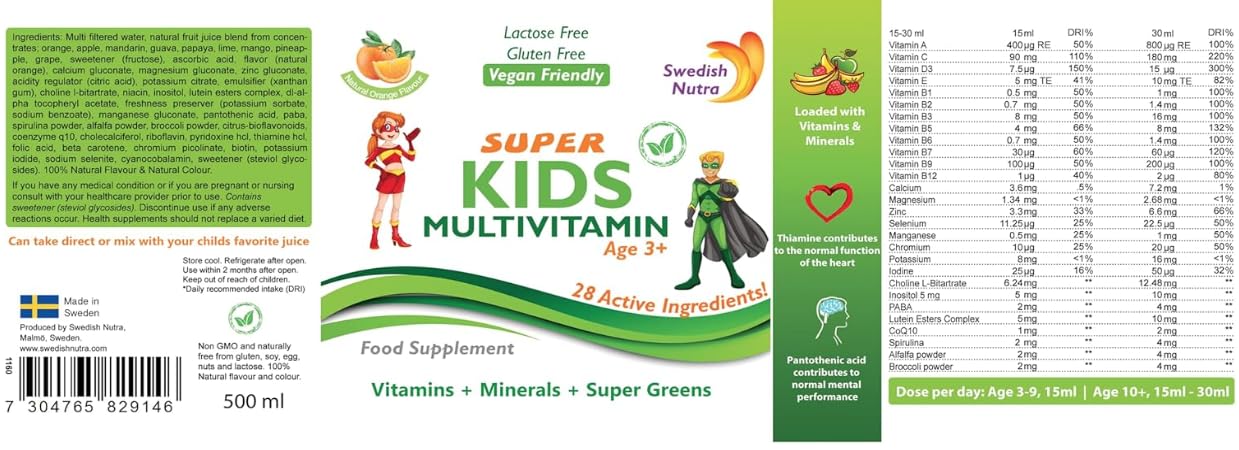 Swedish Super Kids Multivitamin Age 3+, Orange Flavour, 500 ml