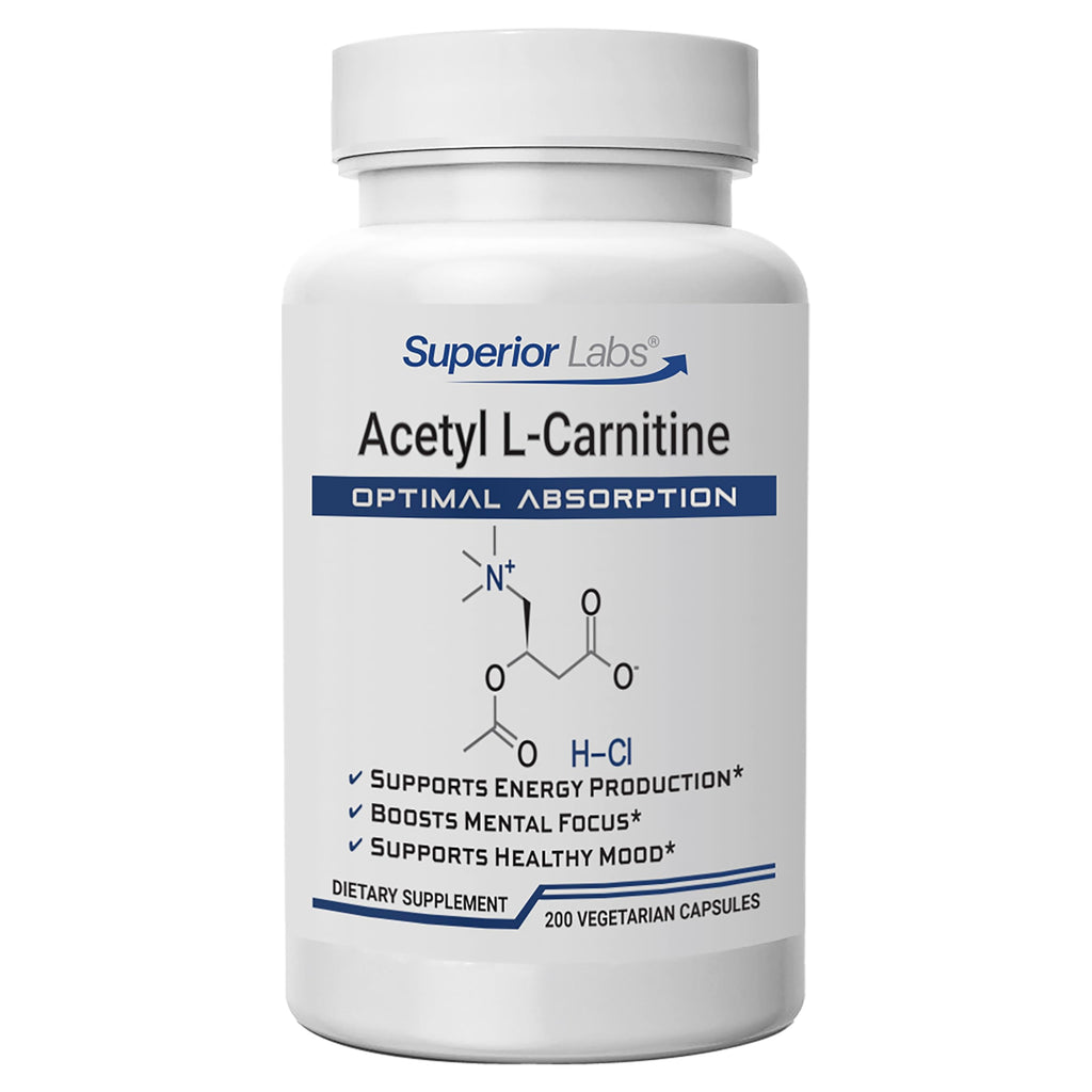 Superior Labs Acetyl L-Carnitine 500 mg, High Potency ALCAR, Pure Non-GMO, Zero Synthetic Additives, Maximum Absorption, Energy & Fat Metabolism, Brain, Nerve & Cellular Detox Support, (200 Veg Caps)