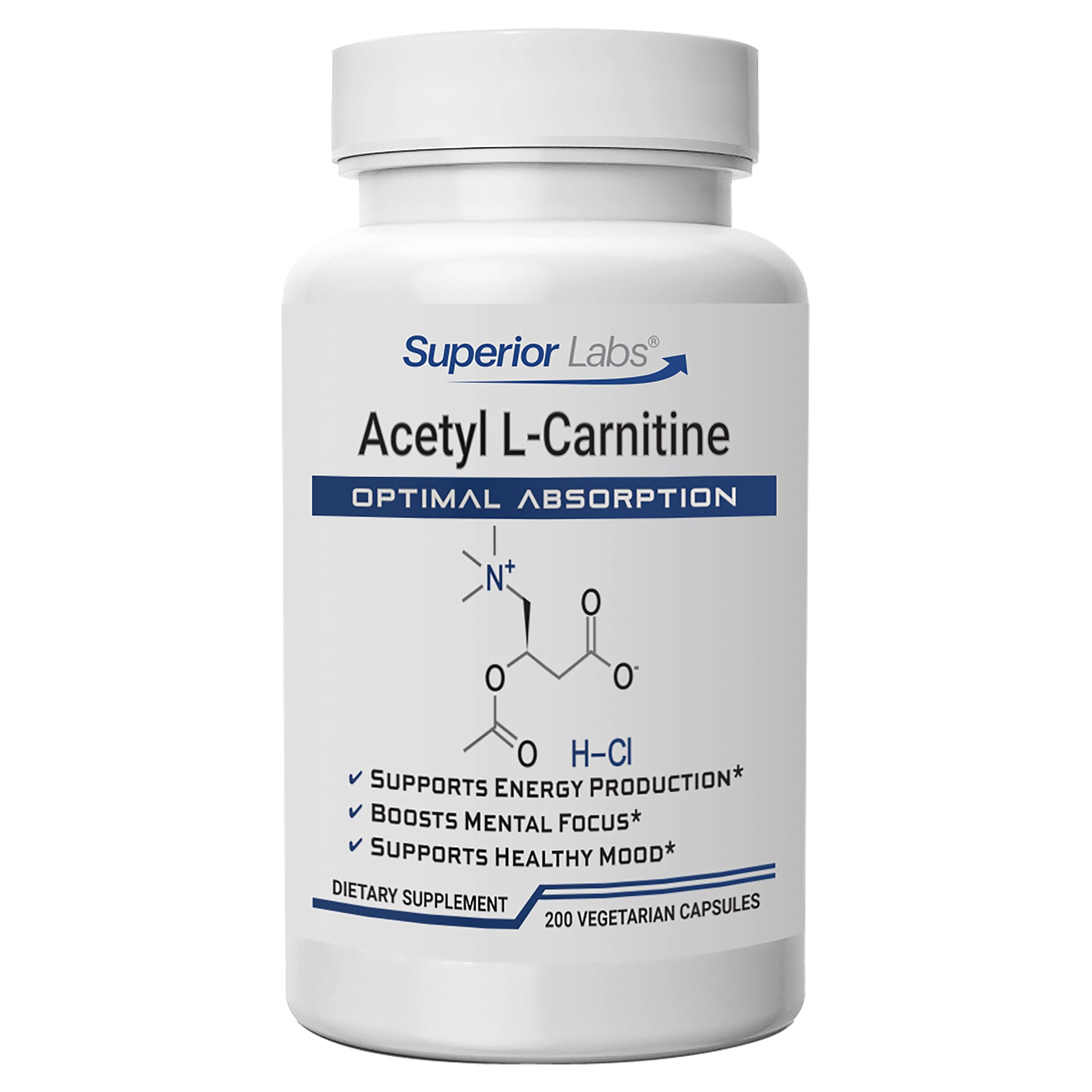 Superior Labs Acetyl L-Carnitine 500 mg, High Potency ALCAR, Pure Non-GMO, Zero Synthetic Additives, Maximum Absorption, Energy & Fat Metabolism, Brain, Nerve & Cellular Detox Support, (200 Veg Caps)