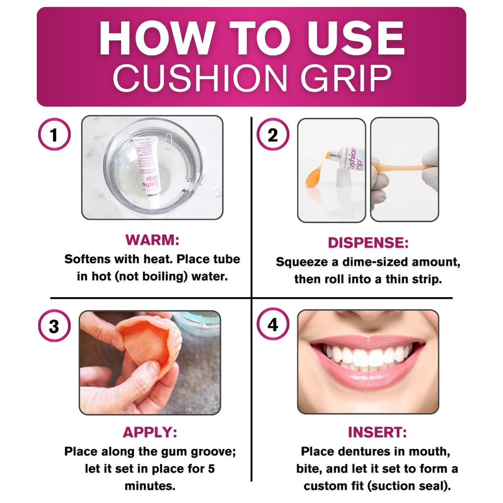 Cushion Grip Thermoplastic Denture Adhesive – Refits & Tightens Loose Dentures, Works Like a Denture Reliner for Long-Lasting Comfort, Holds Up to 4 Days, Waterproof & Zinc-Free - 1 oz (Pack of 5)