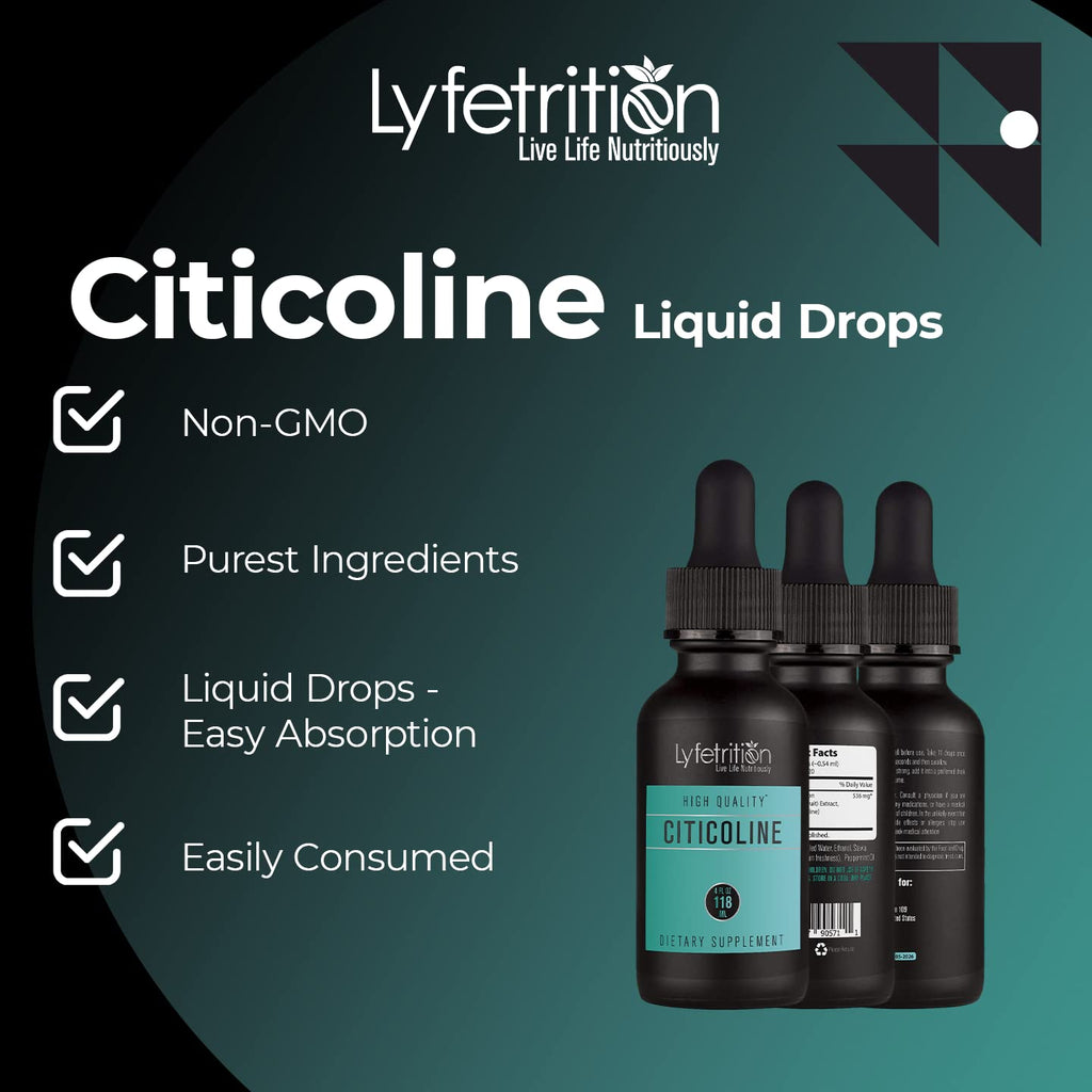 Lyfetrition Citicoline Liquid Drops 536 mg, 4 Oz Liquid, 220 Servings, Made in USA, Quick Absorption, Quality Potent Ingredients, Non-GMO, GMP Certified, Cruelty-Free Products