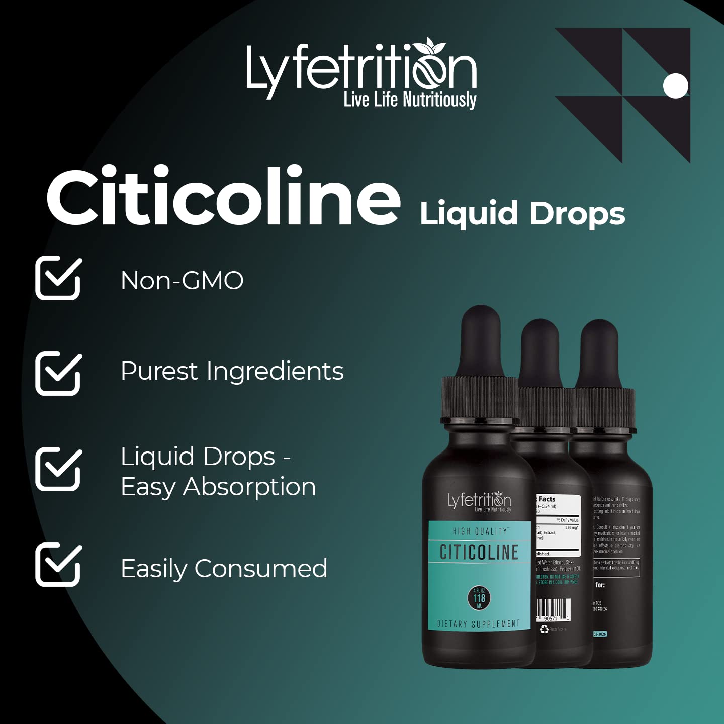 Lyfetrition Citicoline Liquid Drops 536 mg, 4 Oz Liquid, 220 Servings, Made in USA, Quick Absorption, Quality Potent Ingredients, Non-GMO, GMP Certified, Cruelty-Free Products