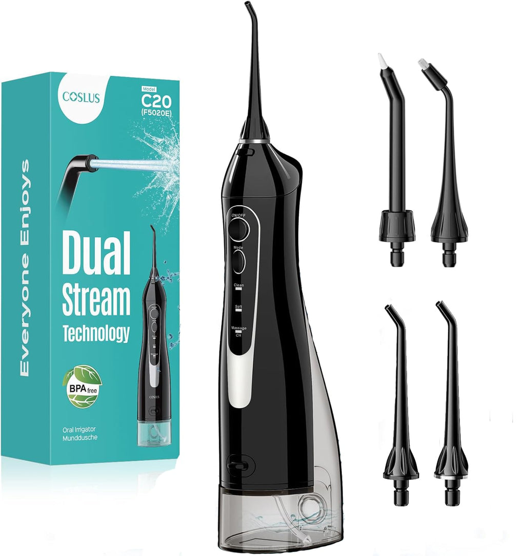 COSLUS ADA Accepted Water Dental Flosser Teeth Pick C20: Portable Cordless Oral Irrigator 300ML Rechargeable Travel Irrigation Cleaner IPX7 Waterproof Electric Flossing Machine, Standard Set Black
