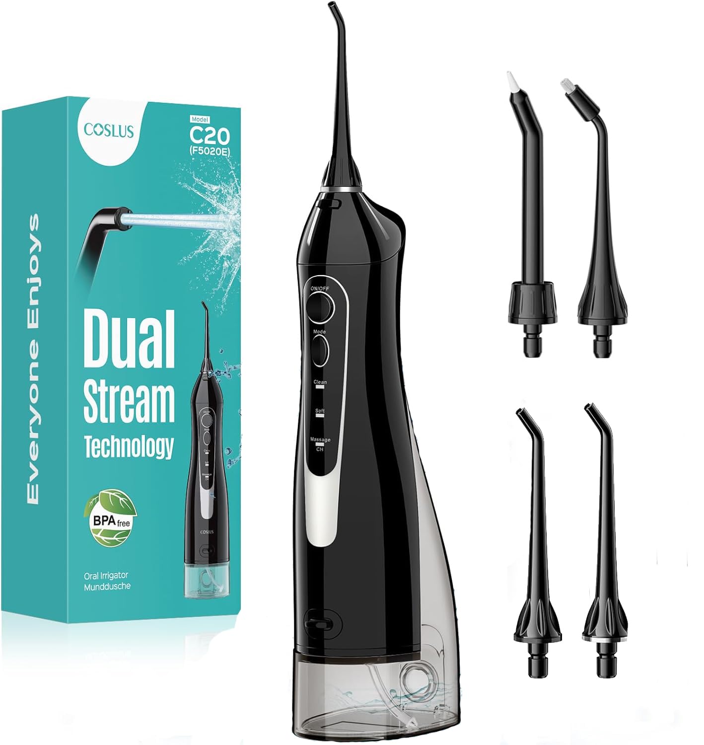 COSLUS ADA Accepted Water Dental Flosser Teeth Pick C20: Portable Cordless Oral Irrigator 300ML Rechargeable Travel Irrigation Cleaner IPX7 Waterproof Electric Flossing Machine, Standard Set Black