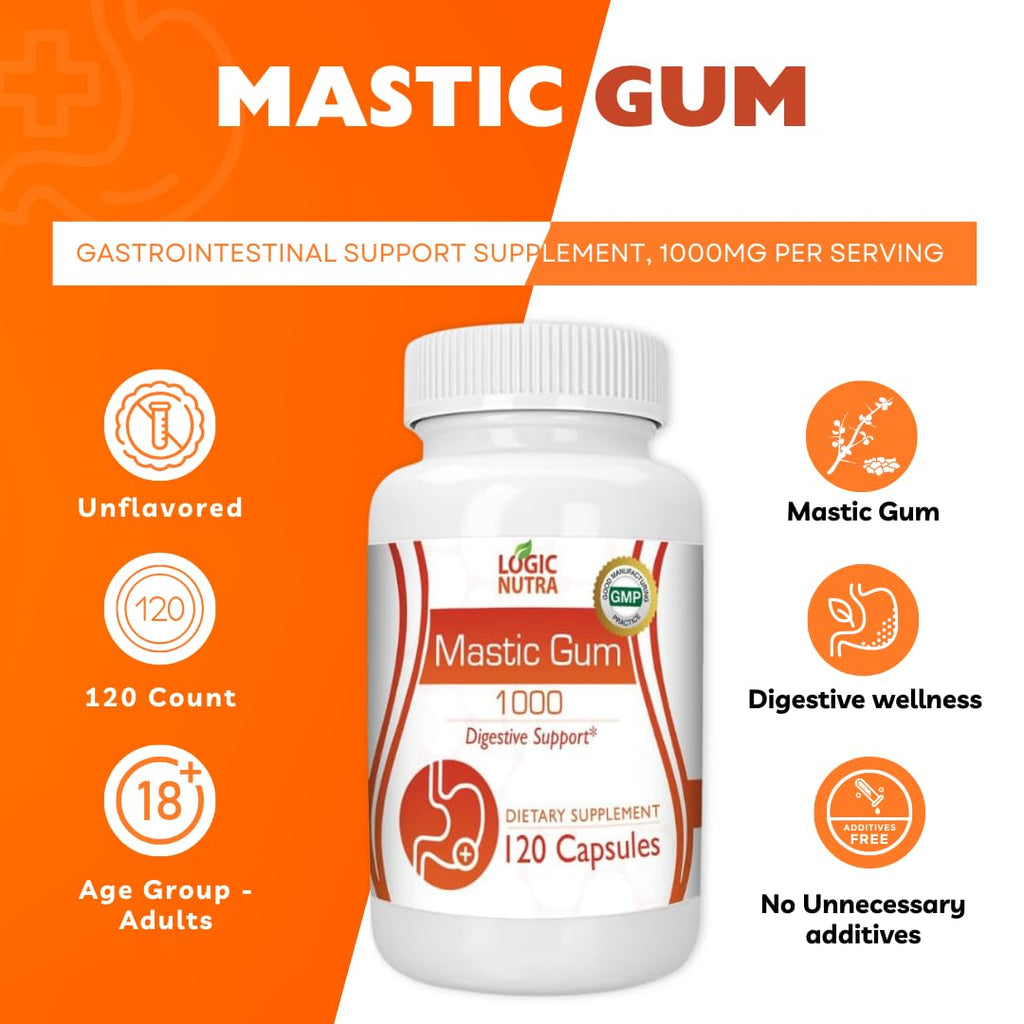 Logic Nutra Mastic Gum Capsules - Natural Gastrointestinal Support Supplement, 1000mg Per Serving - 120 Capsules (2 Bottles)
