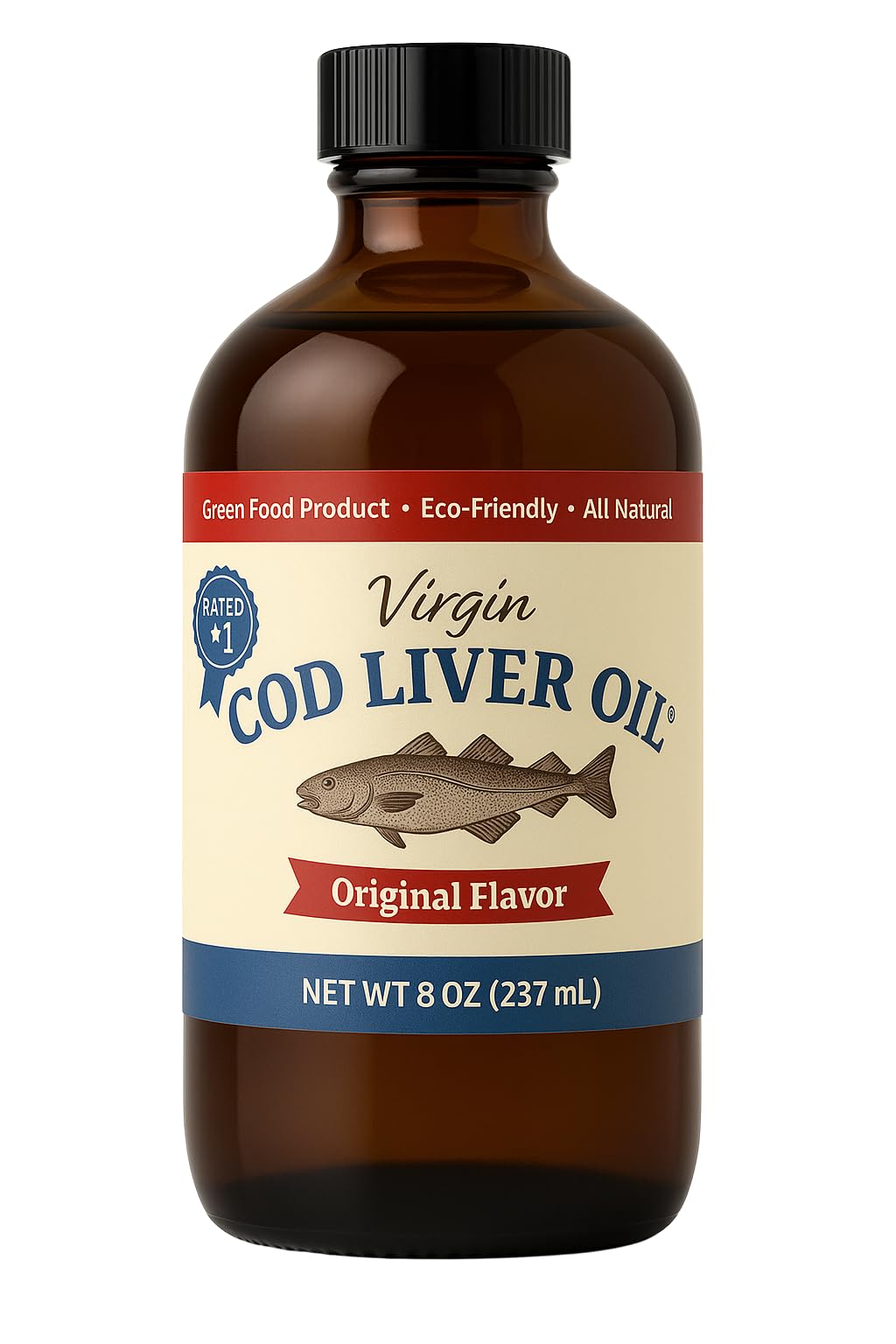 Virgin Cod Liver Oil - 8 Fl oz Natural, Sustainably sourced, Wild Caught & Fresh Tasting. High in Vitamin D, Omega 3 DHA/EPA (Lemon and Peppermint Flavored)