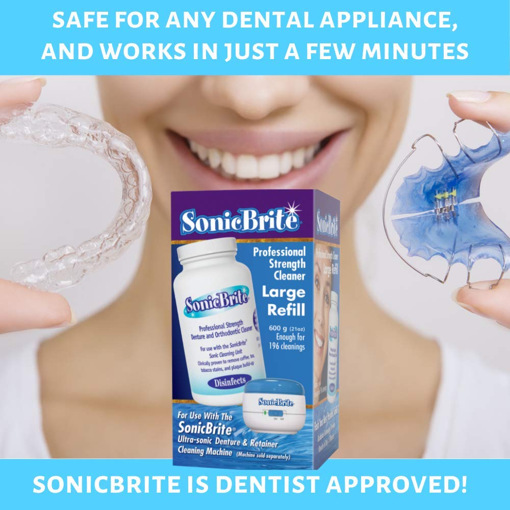 SonicBrite Professional Strength Dental Appliance Cleaning Powder 21 oz | Retainer, Aligner, Mouth Guard & Denture Cleaner eliminates stains and odor causing buildups (1 - Count)
