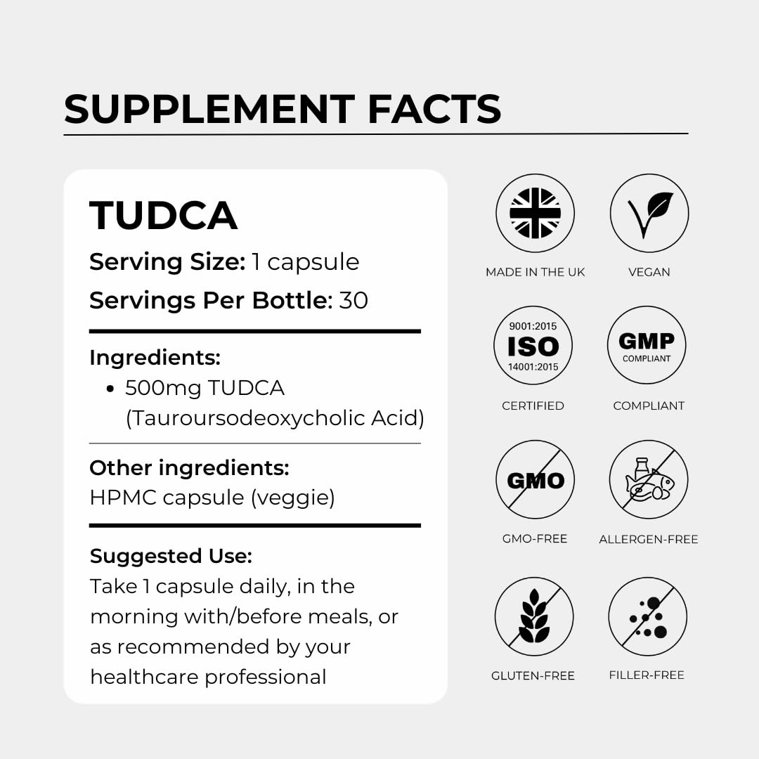 Charava Tudca Supplement 500mg - 30 Vegetarian Capsules, UK 3rd Party Tested for Liver Health Detox & Cleanse, Bile Salts Supplement Powder, Original UK, GMP Certified