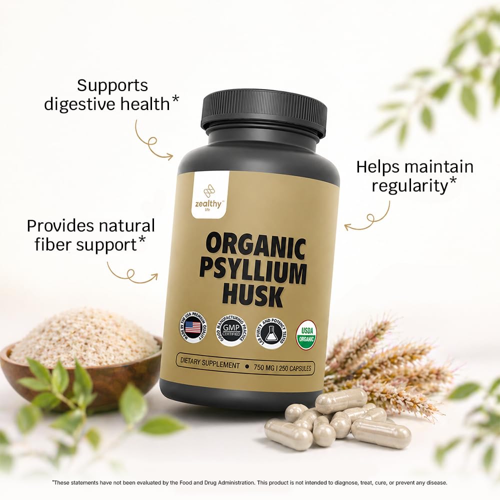 Organic Psyllium Husk Capsules 750 mg, Natural Fiber Supplement for Gut Health* - Alternative to Psyllium Husk Powder, Zealthy Life, 250 Capsules