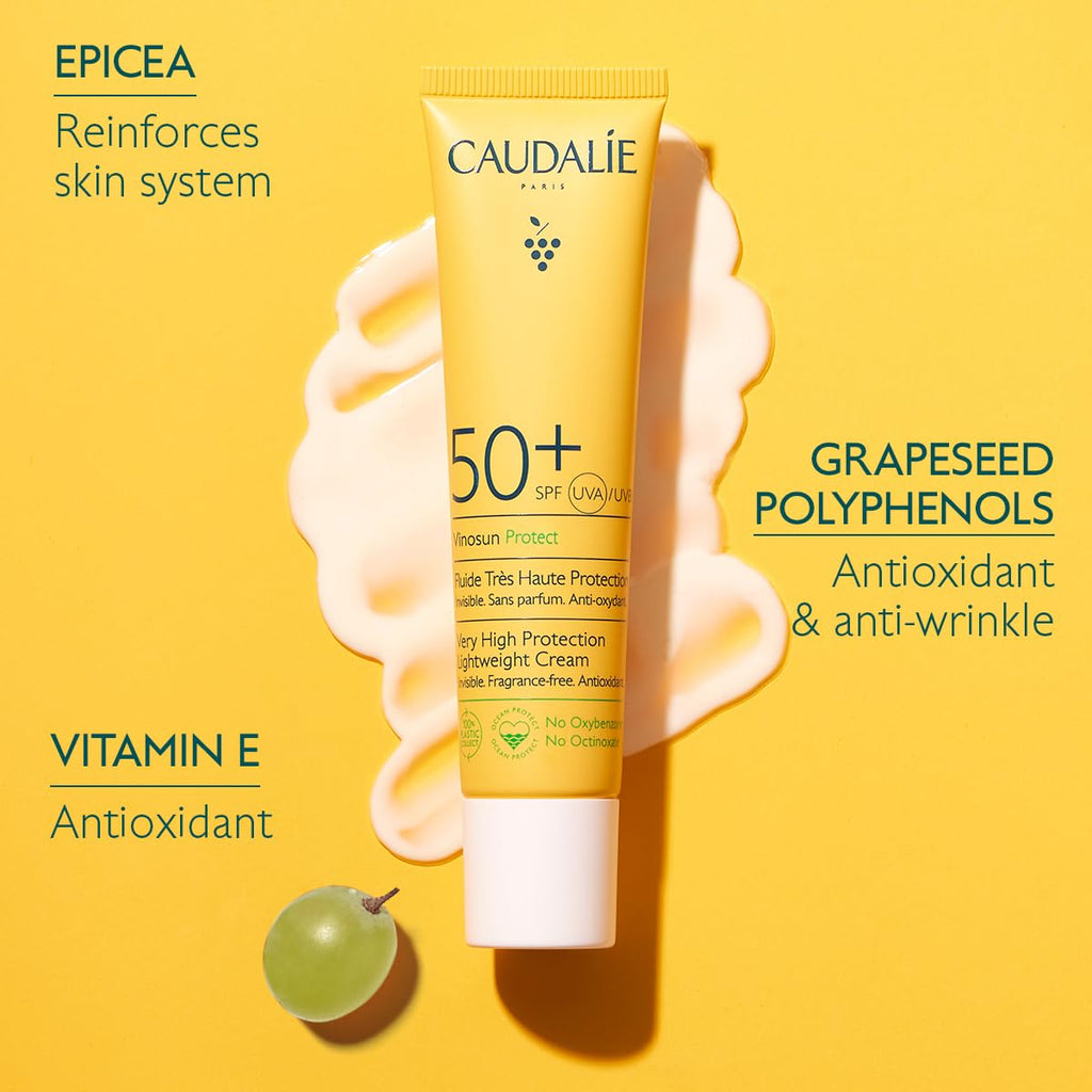 Caudalie Vinosun SPF50+ Makeup Primer & Face Sunscreen, Very High Protection Lightweight Cream for Daily Wear, Fragrance-Free for Sensitive Skin, Vegan, 40ml