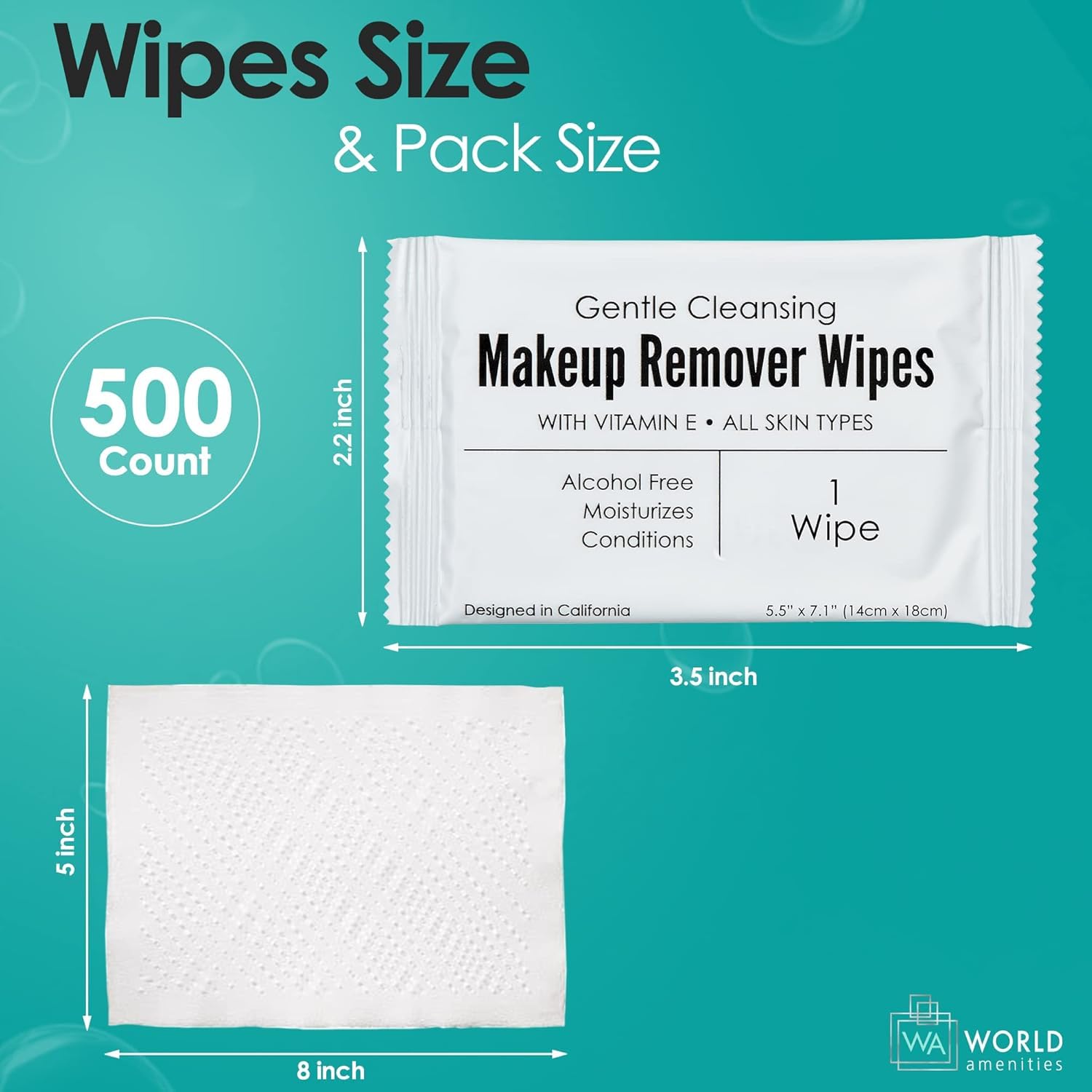 World Amenities - Makeup Remover Wipes - Alcohol Free - Vitamin E Face Wipes for Sensitive Skin Comfort - Individually Wrapped - Travel Friendly Facial Cleansing Wipes - 500 Count