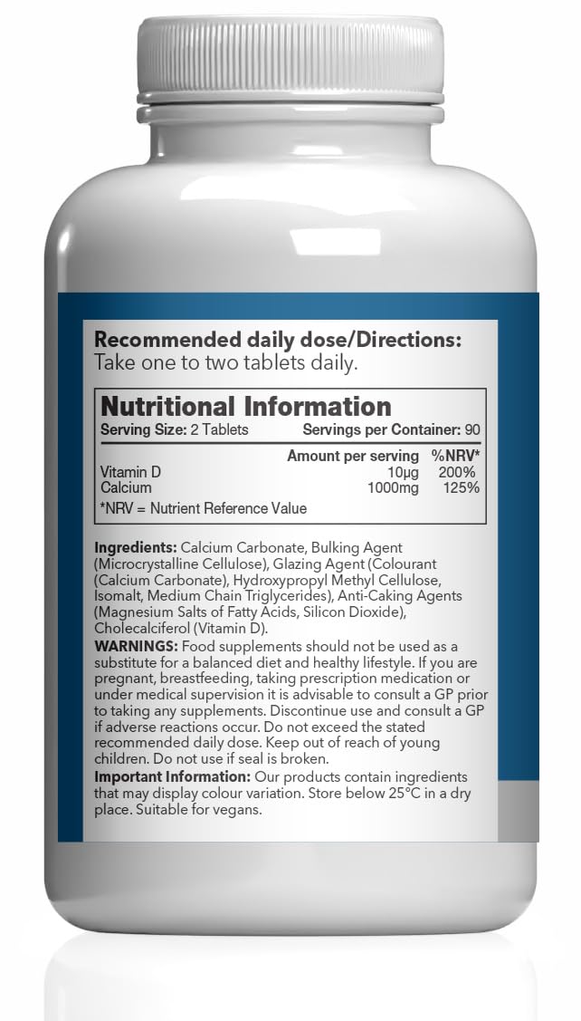 Calcium 1000mg & Vitamin D3 400iu | 180 Vegan Tablets | 3 Months' Supply