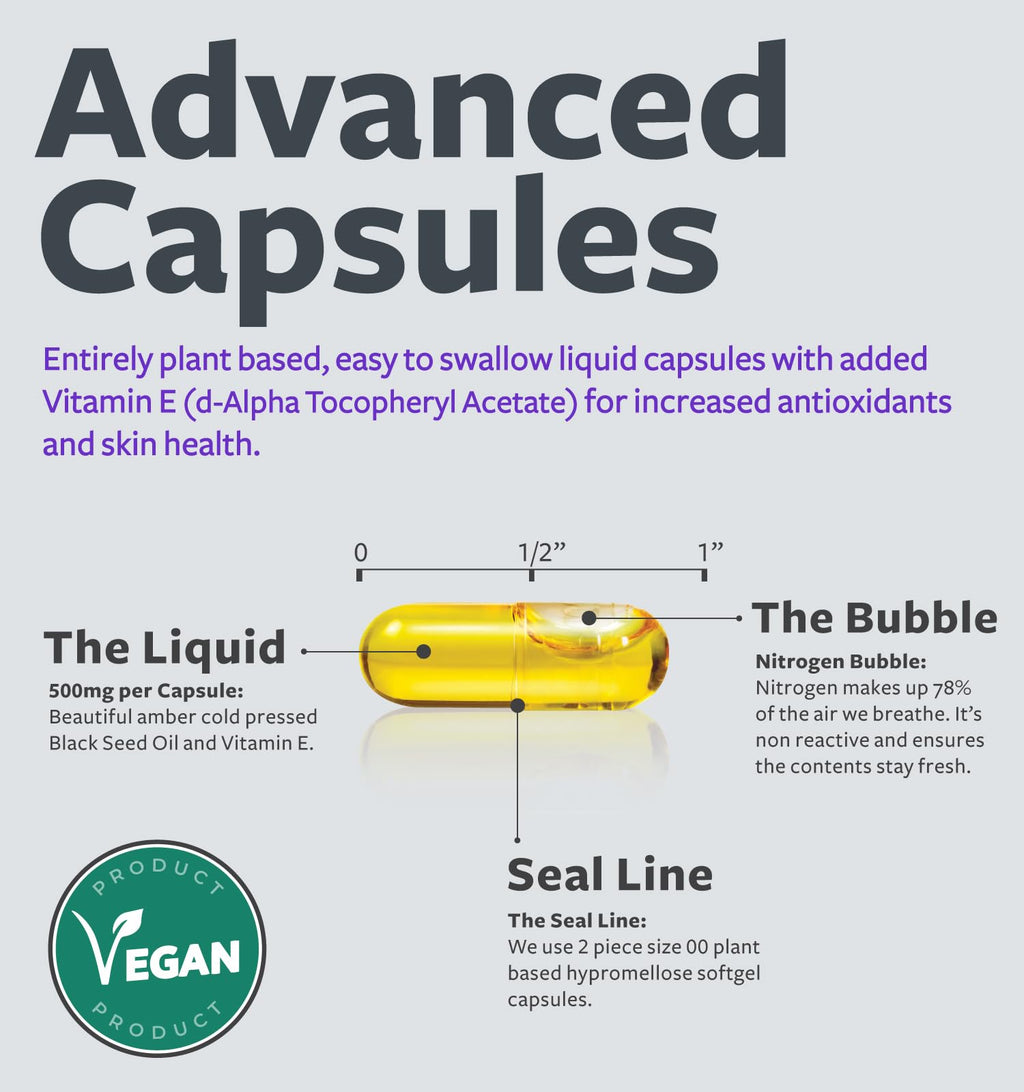 Black Seed Oil - 180 Softgel Capsules (Non-GMO & Vegan) Premium Cold-Pressed Nigella Sativa Producing Pure Black Cumin Seed Oil with Vitamin E - 500mg Each, 1000mg Per 2 Capsule Serving