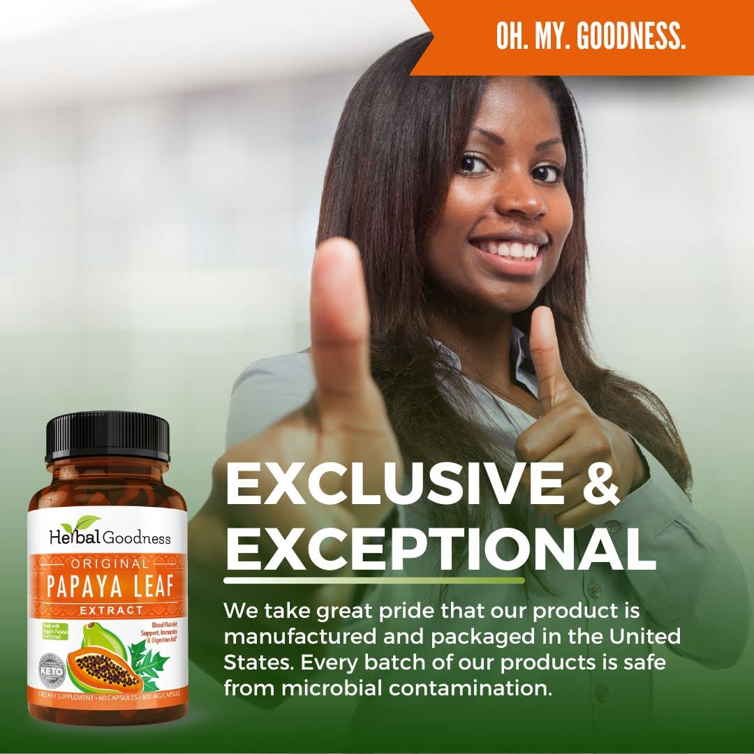 Herbal Goodness Papaya Leaf Extract Digestive Enzymes - 10X Strength 60/600mg Veg Capsules- Blood Platelet, Bone Marrow & Spleen Support, Immune Gut & Super Digestive Health - Made in USA