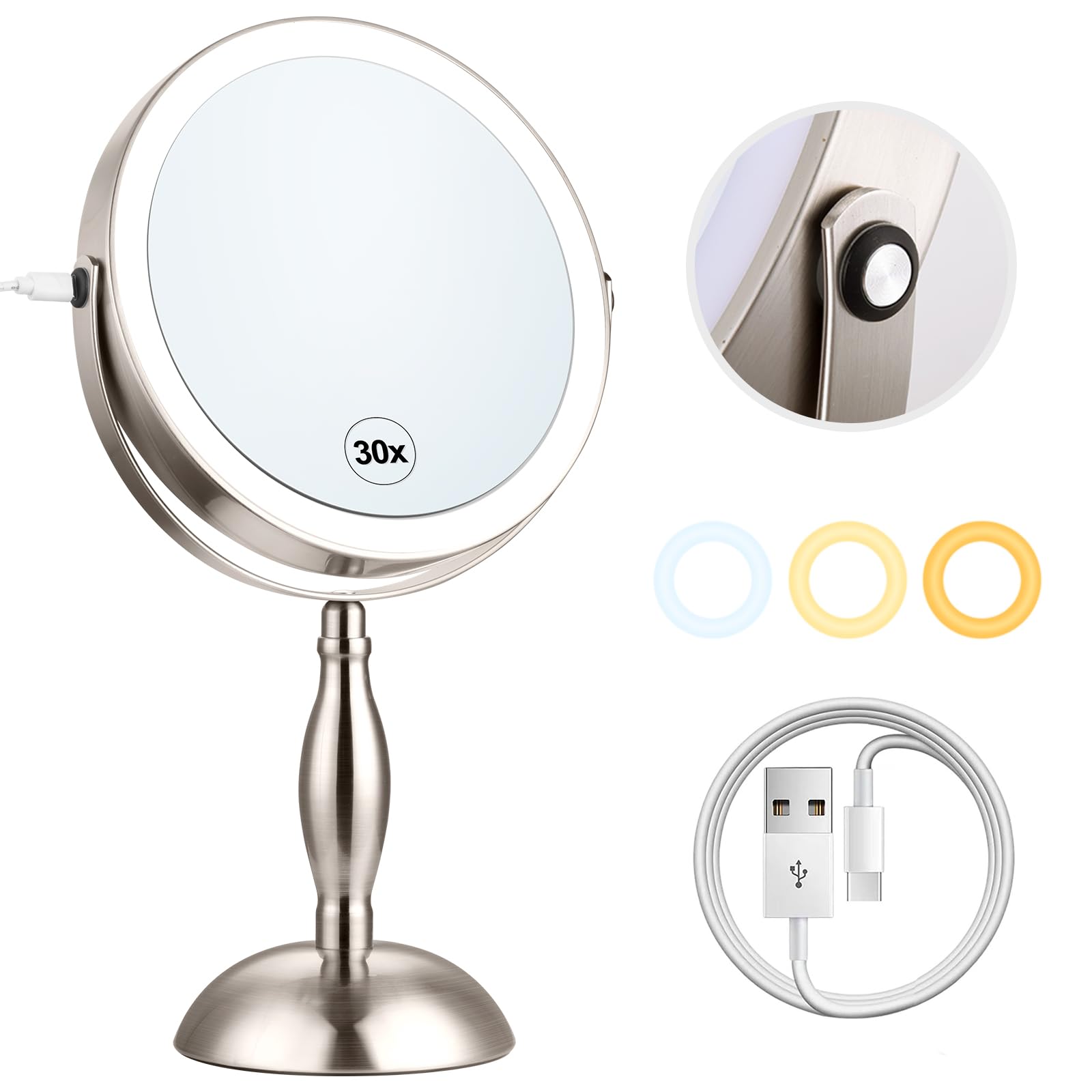 Makeup Mirror with Light - Brushed Nickel, 30x Makeup Mirror with 3 Colors