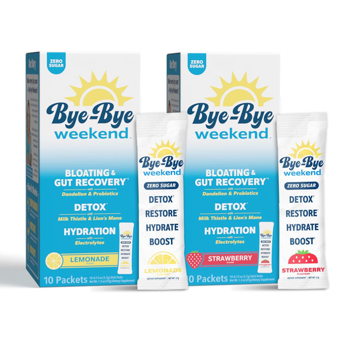 Bye-Bye Weekend Detox Drink Mix w/Electrolytes - for Bloating, Recovery, Fatigue, Brain Fog - Probiotics, Lion’s Mane, Milk Thistle - Zero Sugar Variety Pack - 20 Pack
