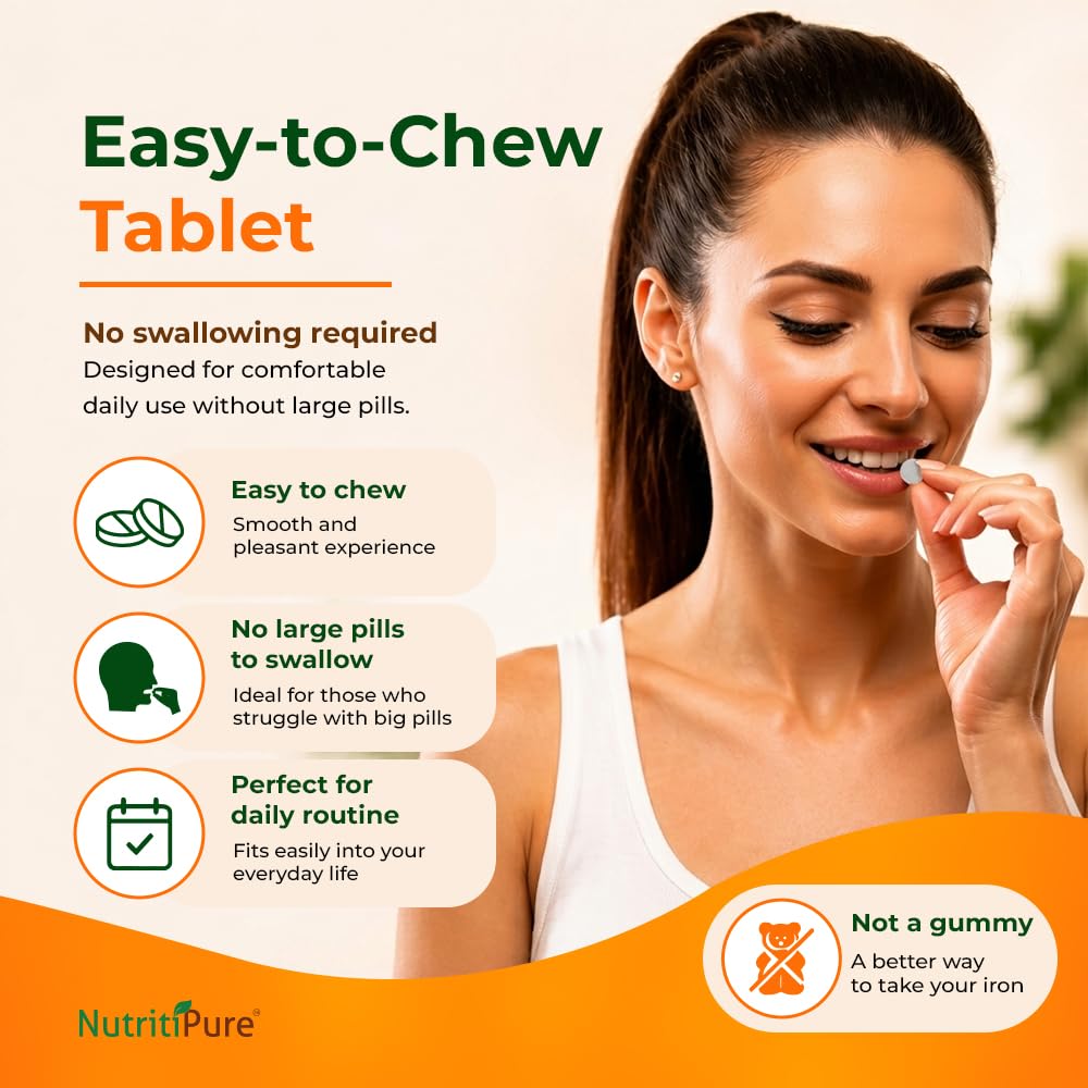Carbonyl Iron 65mg Chewable Tablets with 270mg Vitamin C – Gentle, Non-Constipating Iron Supplement for Women & Men – Bariatric Friendly – Sugar Free – 2 x 60 Count (120 Day Supply)