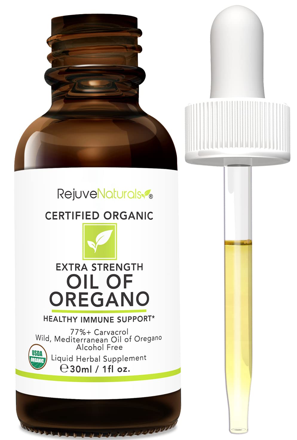 RejuveNaturals Extra Strength Oil of Oregano, USDA Organic, 1 fl oz (30ml Liquid) Wild, Mediterranean Oregano Oil. Concentrated Immune Support Drops. Gluten Free, Vegan & Non-GMO. Min 77% Carvacrol