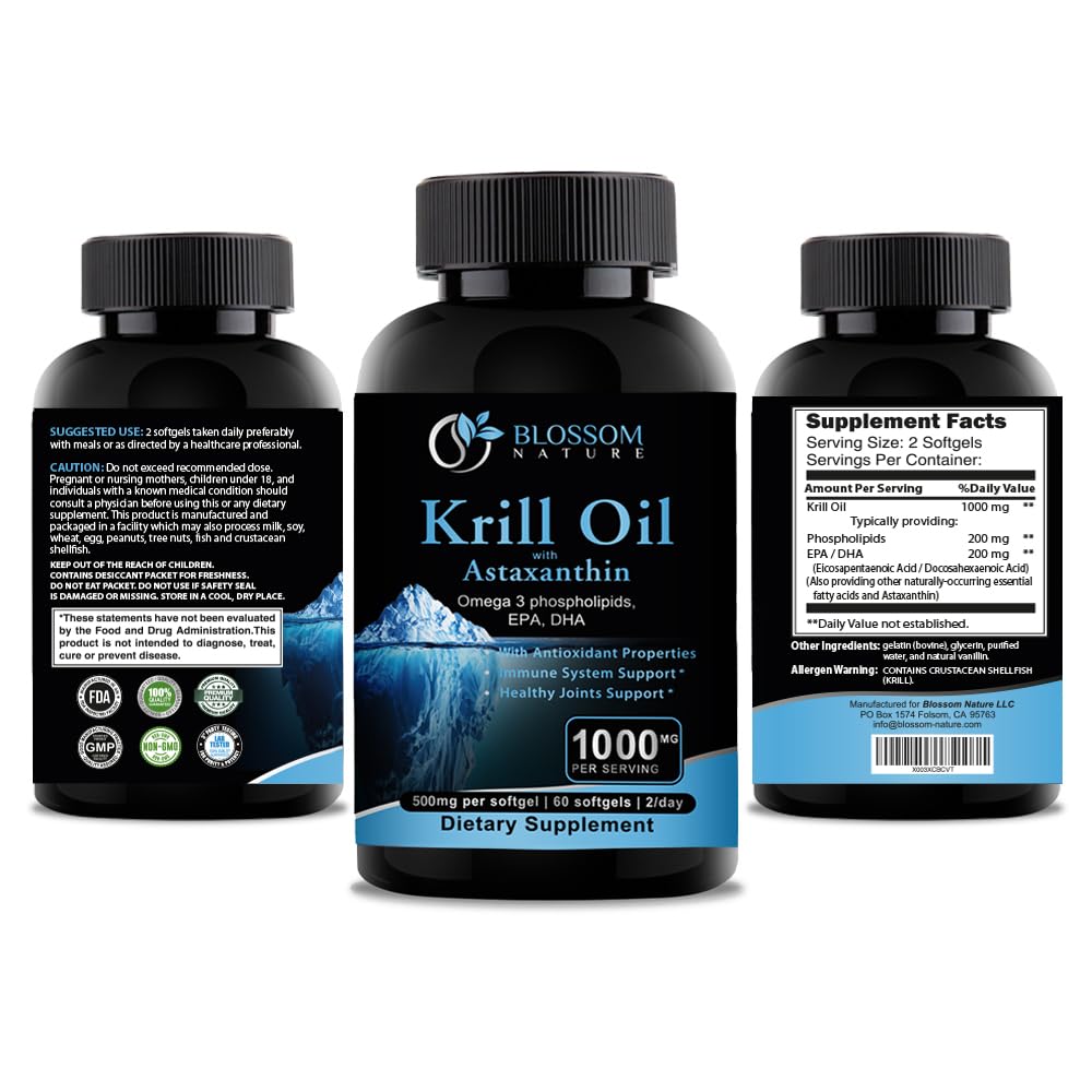 Antarctic Krill Oil Softgels–1600mg per Serving with 2mg Astaxanthin, High Omega‑3 (174mg EPA & 120mg DHA) in Phospholipid Form–Supports Joint, Heart, Skin & Brain Health–60 Lemon-Flavored Softgels