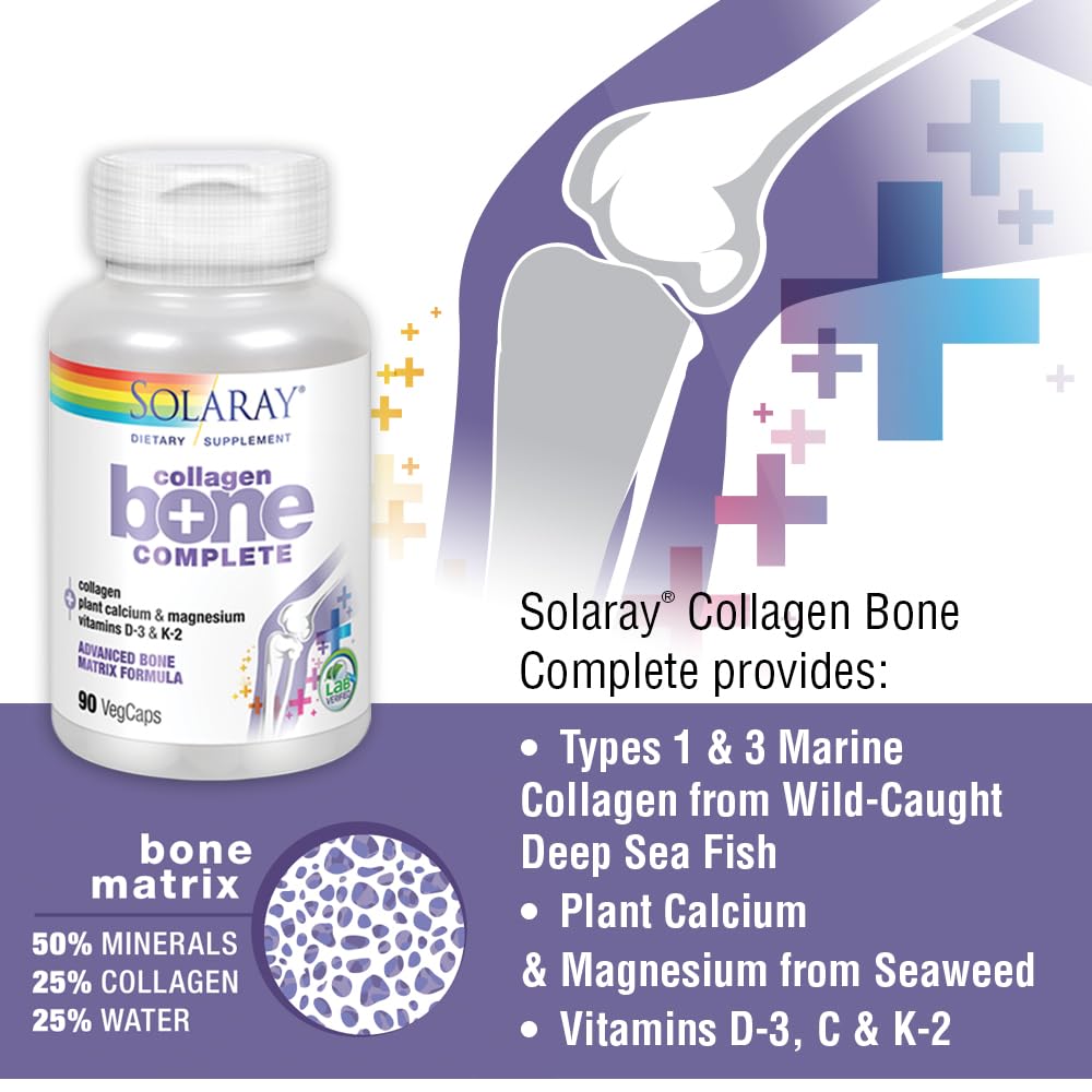 Solaray Collagen Bone Complete - Marine Collagen Capsules with Calcium, Magnesium, & Vitamin D3 for Women & Men, Bone Strength & Health Support - 90 Capsules