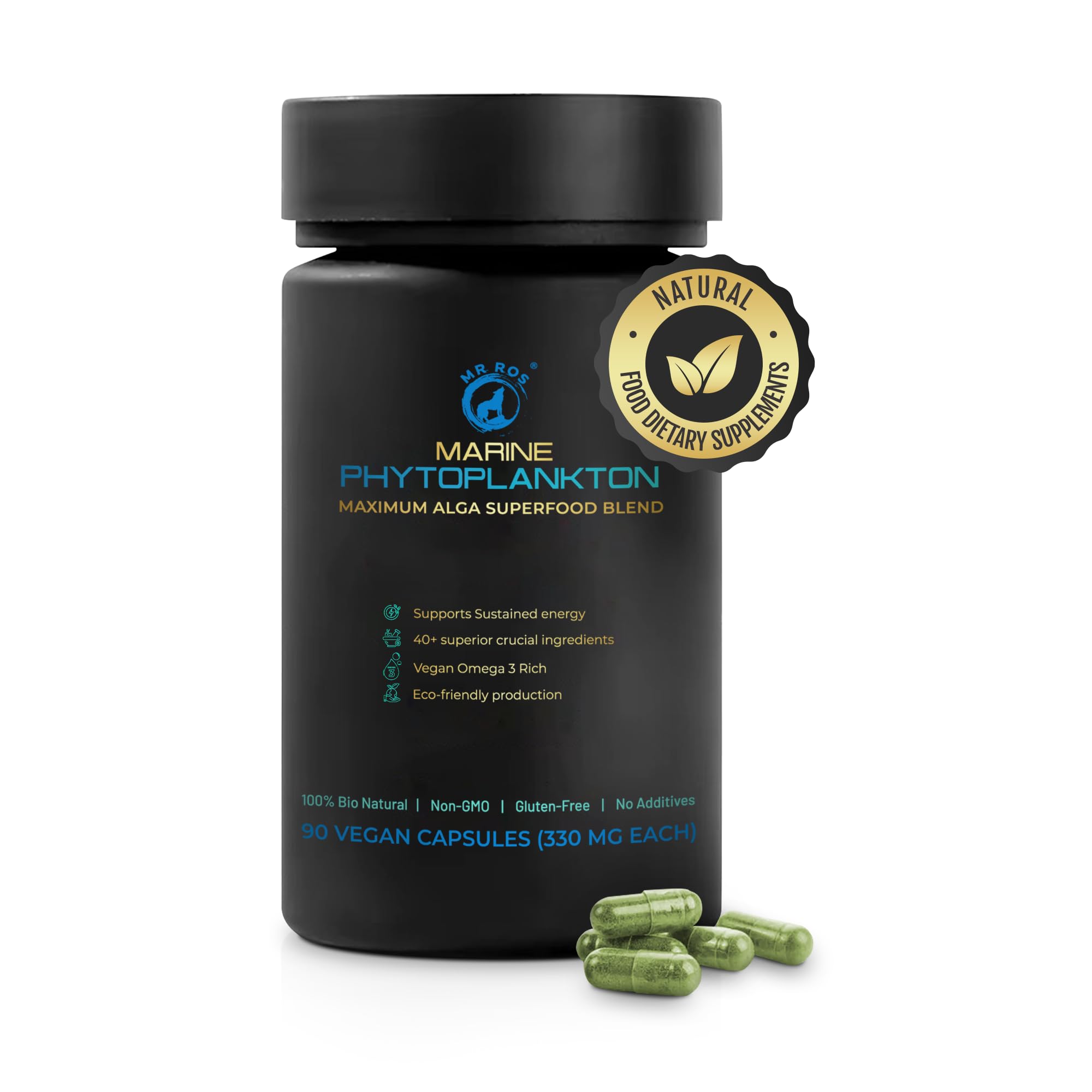 Mr Ros Marine Phytoplankton Capsules – 90 Vegan Capsules – Natural Energy, Immune, and Cognitive Support – Omega-3 Nannochloropsis gaditana Superfood, Non-GMO, Gluten Free