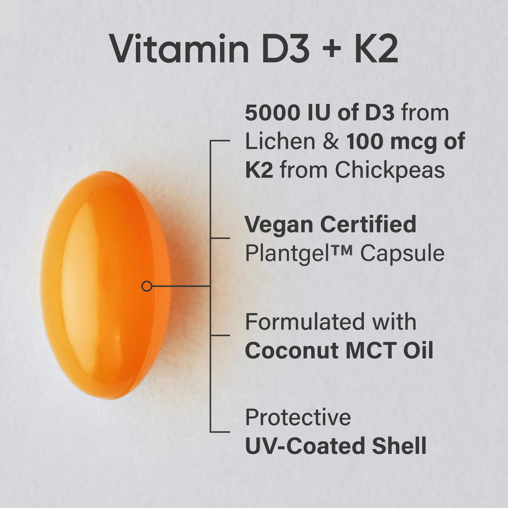 Sports Research Vitamin D3 K2 with 5000iu of Plant-Based D3 & 100mcg of Vitamin K2 as MK-7, Non-GMO Verified & Vegan Certified - 160 Liquid Softgels