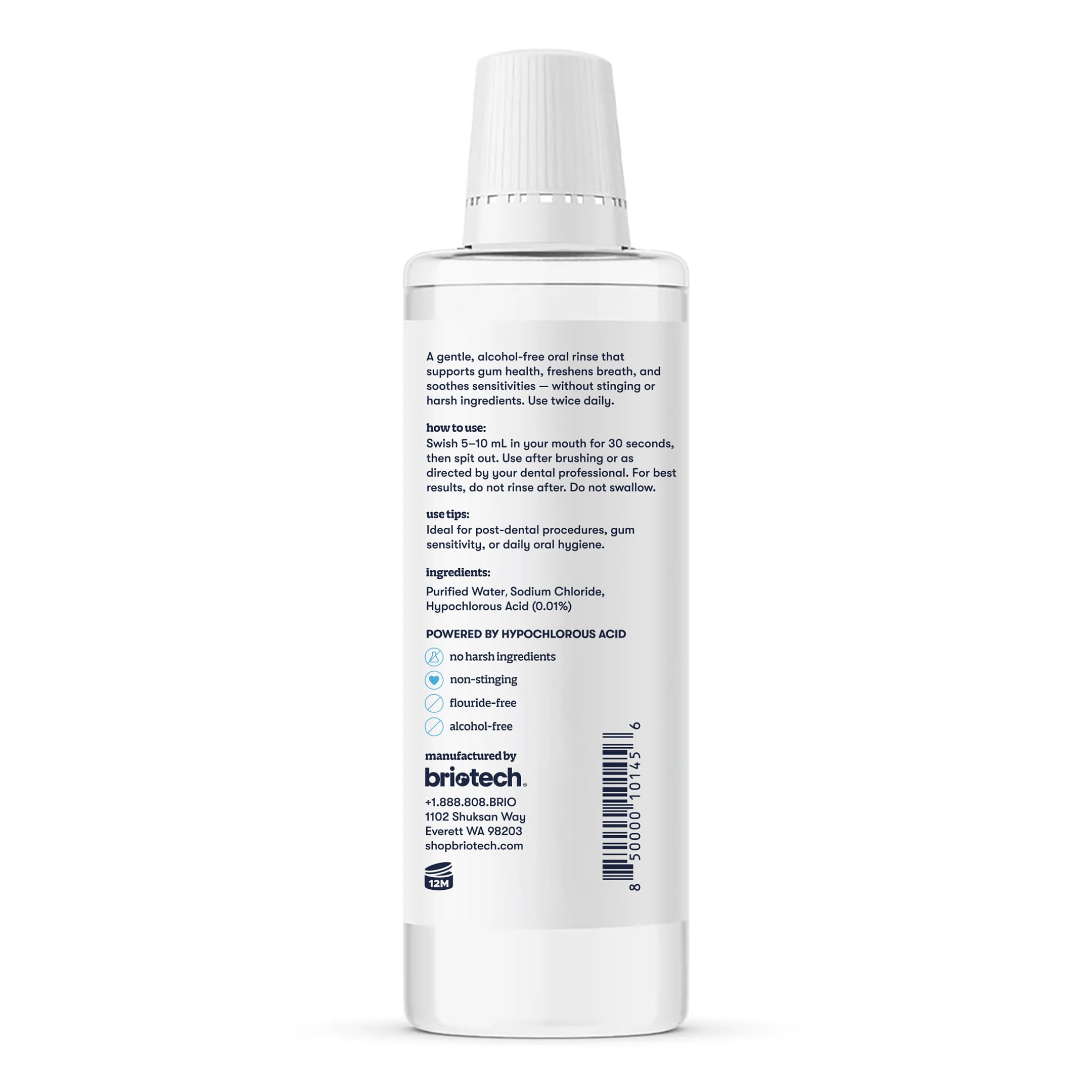 BRIOTECH Oral Swish, Hypochlorous Acid Mouthwash Rinse, Gentle Oral Care Hygiene, Fight Bad Breath, Support Against Plaque, Gum Irritation & Tender Gums, Alcohol & Fluoride Free, 17 fl oz (4 Pack)