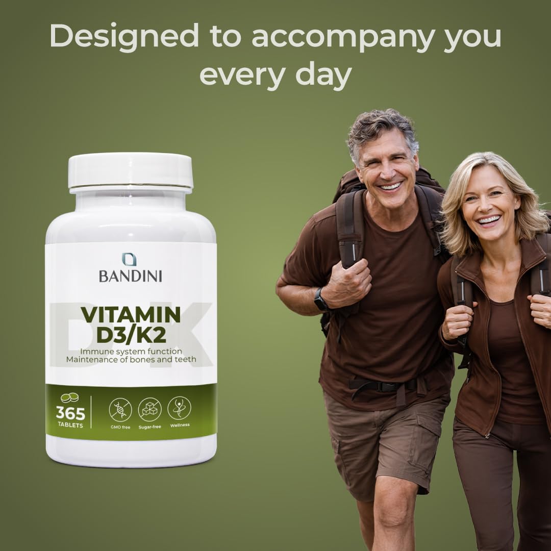 Bandini® Vitamin D3 K2 | 365 Easy-to-Swallow Tablets for 1 Year | 2000 IU